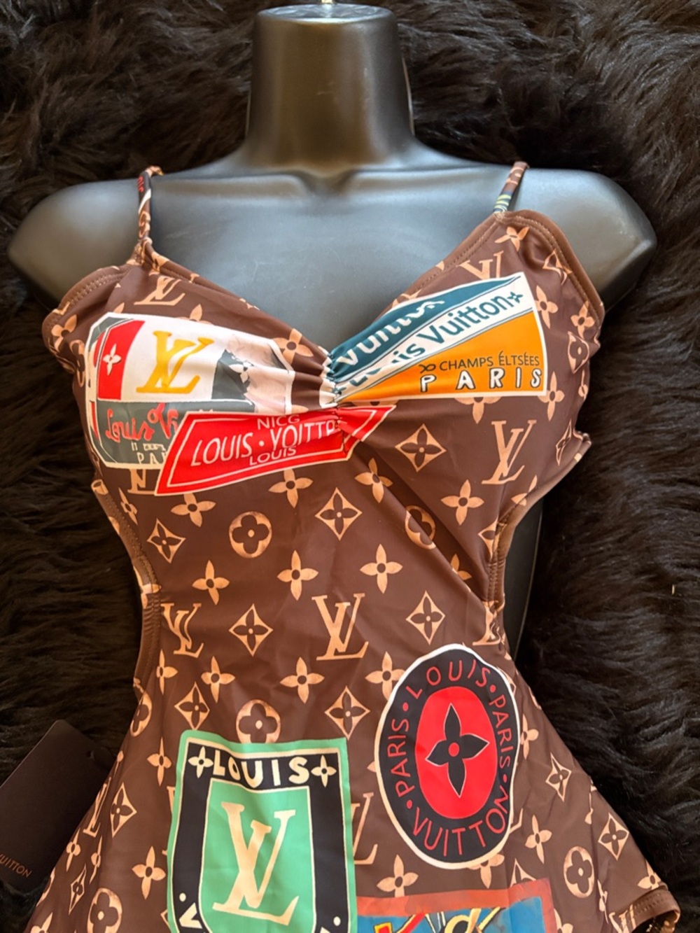 Louis Vuitton Brown Monogram One-Piece Swimsuit with Multicolor Travel Patches - Picture 2 of 11